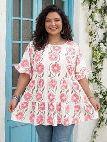 SHEIN CURVE+ Áo thun nữ dáng ôm US22, thích hợp cho lễ hội âm nhạc, kỳ nghỉ biển, phong cách boho, tay phồng họa tiết hoa nhí, kiểu vintage, thích hợp cho kỳ nghỉ hè. - Nhiều màu - Xem 4