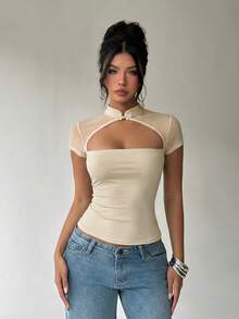 Aloruh Women's Mesh Patchwork Chinese Style Hollow Out Button T-Shirt,Summer Top - Beige - View 3