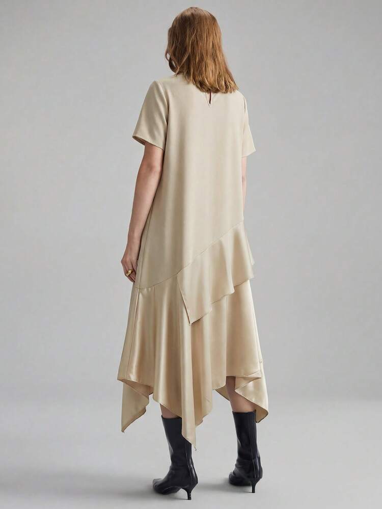 Women's Wrinkle-Resistant Satin Fabric And Comfortable Fabric Patchwork Design Round Neck Short Sleeve Asymmetric Hem Dress, Modern Urban Casual Chic Business Commuter High-Quality Airport Outfit, Wrinkle-Resistant High-End Fabric Long Dress All-Season Versatile Modern Urban Fashion Business Casual Women's Wear Office Brunch Attire Understated Old-Money Style, Elegant And Sophisticated, High-Quality Commuter And Airport Clothes Versatile Modern Urban Fashion Business Casual Women's Wear,Summer D