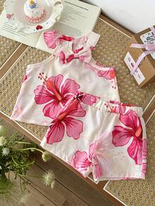SHEIN Baby Girl Outfits 6Months-3year 2pcs/Set Beige Summer Cute Vacation Holiday Sleeveless Ruffled Flower Printing Top And Short Pants Casual Loose Suit - Hot Pink - View 5