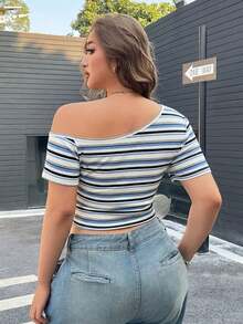 SHEIN EZwear 条纹彩色不对称肩短袖加大码T恤 - 彩色 - 查看 2