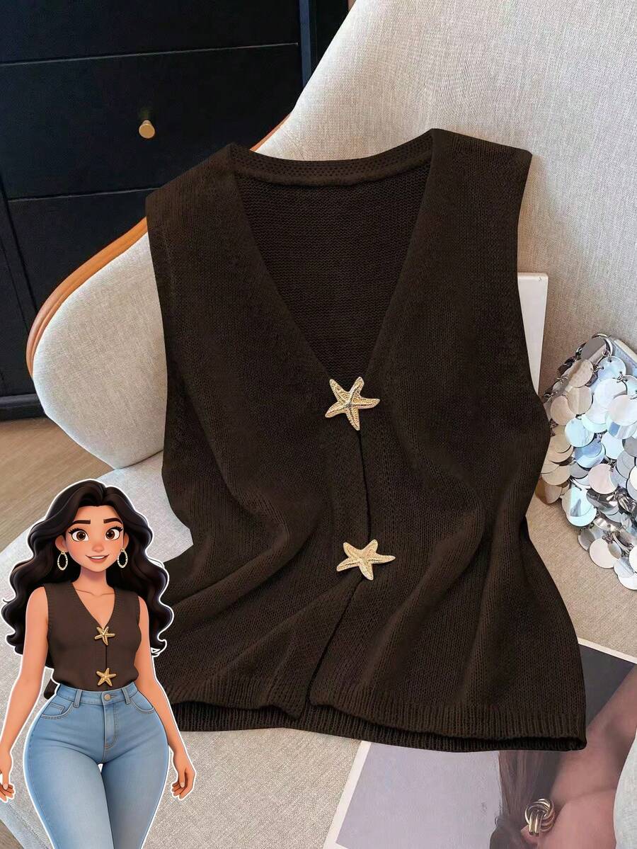 SHEIN Clasi 大码女式星形纽扣无袖针织上衣 - 咖啡棕 - 查看 1