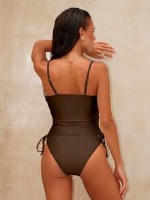 Swim Chiccia Women's Spring & Summer Beach Vacation Solid Color Beaded Spaghetti Strap Ruffled Cup Drawstring Backless Sexy Elegant Retro Style Women's Camisole Bikini Two Pieces Set - Brown - View 2