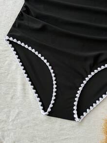 Kids Teen Girl Black Knit Contrast White Shell Ruffle Halter One-Piece Swimsuit,Suitable For Summer,Beach,Holiday,Swimming,Surfing Ruched Bathing Suit - Black and White - View 6