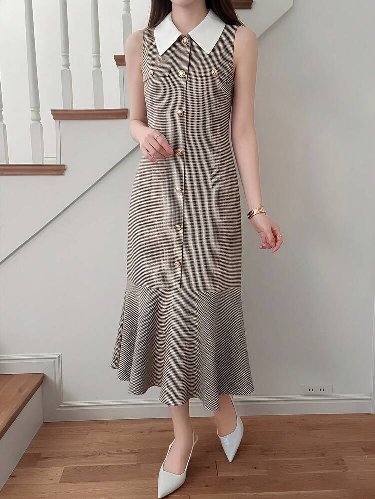 Women's Elegant Commuter Houndstooth Sleeveless Mid-Length Dress, Summer Sundress