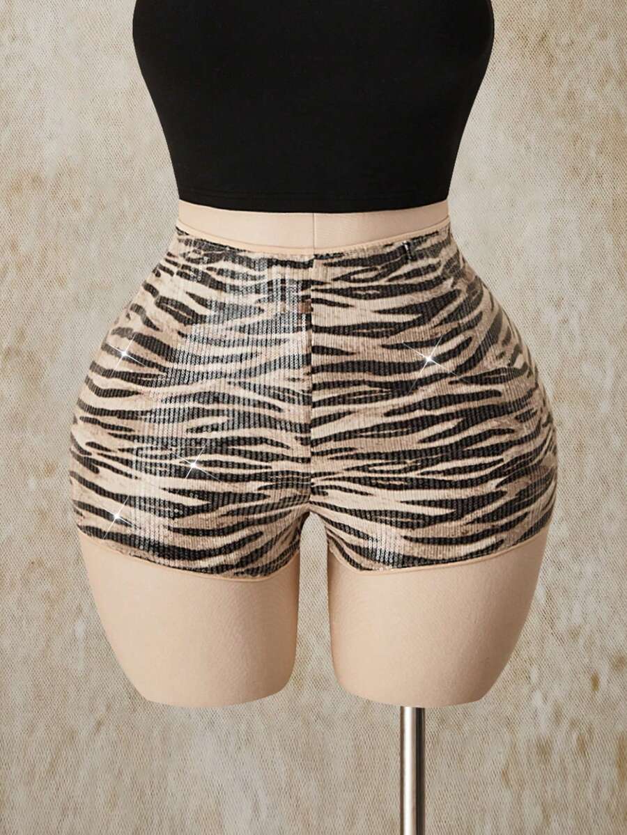 SHEIN ICON 大码女式斑马纹亮片短裤 - 黑與白 - 查看 1
