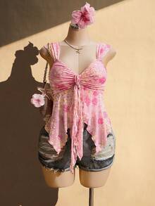 SHEIN ICON 大码女式褶皱印花吊带背心 - 粉色 - 查看 9