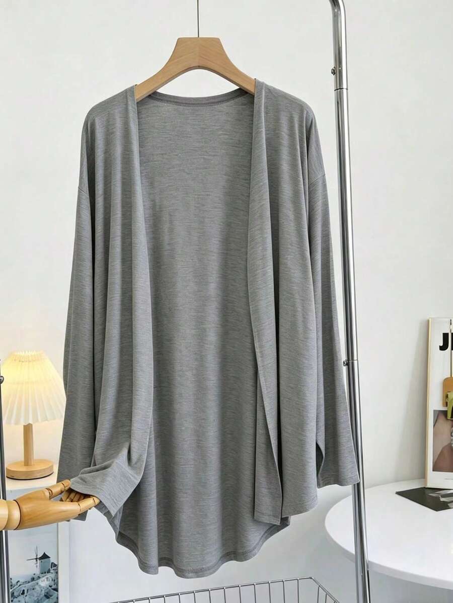 SHEIN Franclia Women's Casual Solid Color Long Sleeve Loose Fit Curved Hem Lightweight Jacket, Suitable For Loungewear - Grey - View 1