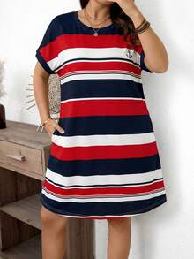 SHEIN LUNE 大尺碼女裝夏季套裝 日航海風女裙 Zanzea 大尺碼女裙 Z65c7 碼女裝折扣條紋女裙 海軍藍條紋波西米亞休閒度假洋裝 - 彩色 - 查看 1