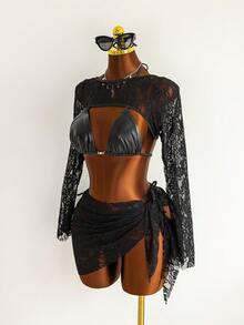 ROMWE Bộ bikini 4 món phong cách Gothic dành cho nữ, màu đen bóng, làm từ da giả, gồm áo khoác ren hoa hồng xuyên thấu, chân váy tam giác, điểm nhấn kim loại và quần buộc dây bên hông, trang phục đa năng cho bãi biển, lễ hội âm nhạc, tiệc tùng. - màu đen - Xem 8