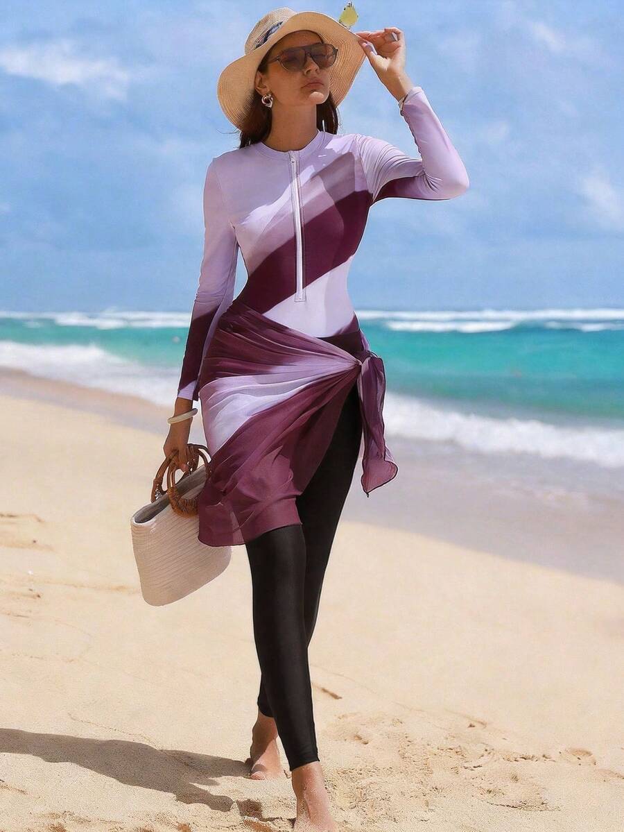 Swim Shayni 三件套彩色条纹印花圆领长袖拉链上衣、纯色长裤、网纱半裙,年轻时尚度假女士比基尼泳装 - 彩色 - 查看 1