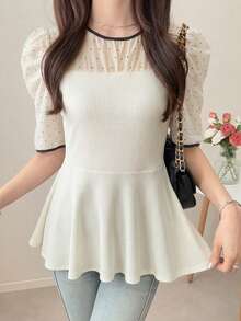 FRIFUL Women's Contrast Color Patchwork Sheer Lace Slim Fit T-Shirt, Versatile For Spring & Summer - Beige - View 3