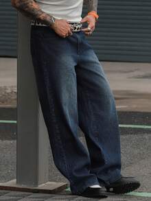 DAZY Pantalones vaqueros de hombre con cintura elástica, textura de tela a rayas, color azul marino - Azul Marino - Ver 5