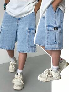 SHEIN Tween Boy Fashion Casual Y2k Vintage Cool The Workwear Pocket Design Features Aqua Blue Loose And Comfortable Workwear Denim Shorts For Soft Daily-Wear And Summer And Rave Festival And Beach Day Time - Light Wash - View 8