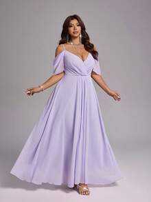 Viva Relle Vestido de gasa con hombros descubiertos y cintura fruncida en color púrpura claro para mujer talla grande, atuendo de dama de honor para boda de primavera/verano - Púrpura malva - Ver 2