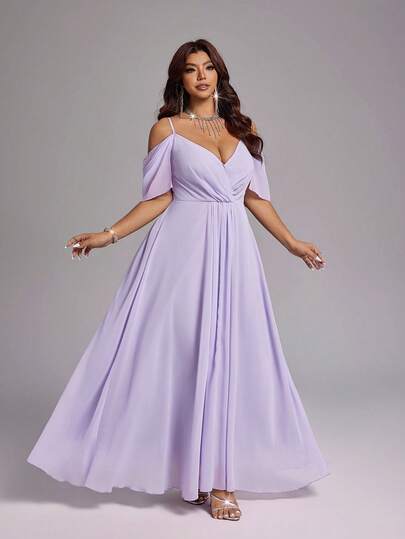 Viva Relle Plus Size Women's Light Purple Off-Shoulder Twist Waist Chiffon Dress, Spring/Summer Wedding Bridesmaid Party Outfit