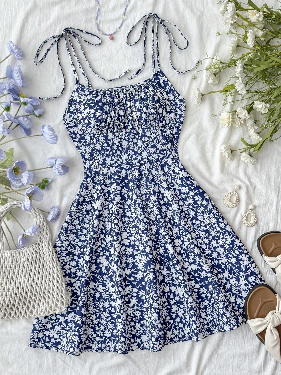 SHEIN 少女吊带碎花休闲无袖连衣裙,夏季百搭 - 藍色 - 查看 1
