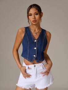SHEIN PETITE Chaqueta corta de mezclilla de mujer con cuello en V sólido y sin mangas, ajustada, de moda para el verano - Azul - Ver 4