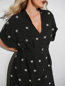 Maija Plus Size V-Neck Short Sleeve Ruffle Hem Pleated Black Summer Elegant Cute Tea Party Vacation Allover Print Dress For Women Boho Vacation Floral - Black - View 7