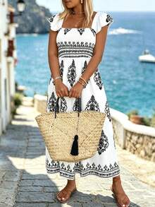 Breezaya Đầm nữ cỡ lớn in họa tiết retro, kiểu dáng bohemian, thanh lịch, lãng mạn, thích hợp cho kỳ nghỉ hoặc đi biển. - Màu be - Xem 4