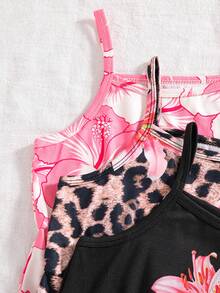 SHEIN Elladie kids 3件套女童夏季新款2025碎花印花及纯色连体短裤套装，简约时尚度假风 - 彩色 - 查看 4