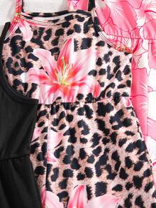 SHEIN Elladie kids 3件套女童夏季新款2025碎花印花及纯色连体短裤套装，简约时尚度假风 - 彩色 - 查看 7