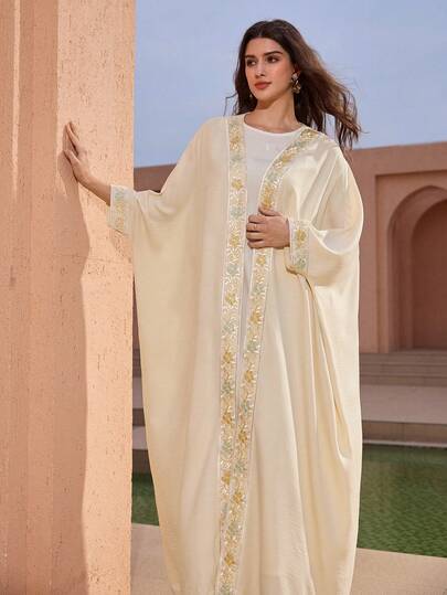 Graceveil Women's Elegant Floral Embroidery Splice Batwing Sleeve Loose Arabic Abaya Robe Kuwait Abaya Plus Size Filipiniana