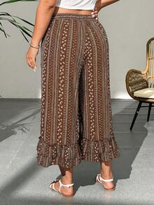 Weeklong Plus Size Women Vintage Chiffon Floral Wide Leg Pants With Elastic Waist & Double Ruffle Hem, Capri Length - Brown - View 4