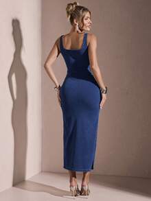 SHEIN BAE Women's Sleeveless Fitted Denim Casual Dress, Summer - Dark Wash - View 6