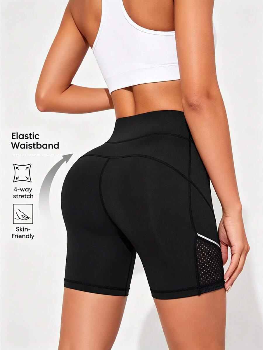 Easithlete Reflective Stripes Breathable Mesh Design Yoga Shorts With Butt Lifting Function Women Sweat Short, Gym Short, Biker Short Comfy Short - Black - View 1