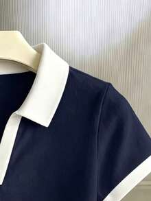 Camiseta de mujer de manga corta ajustada con cuello polo de unicolor - Multicolor 3 - Ver 5