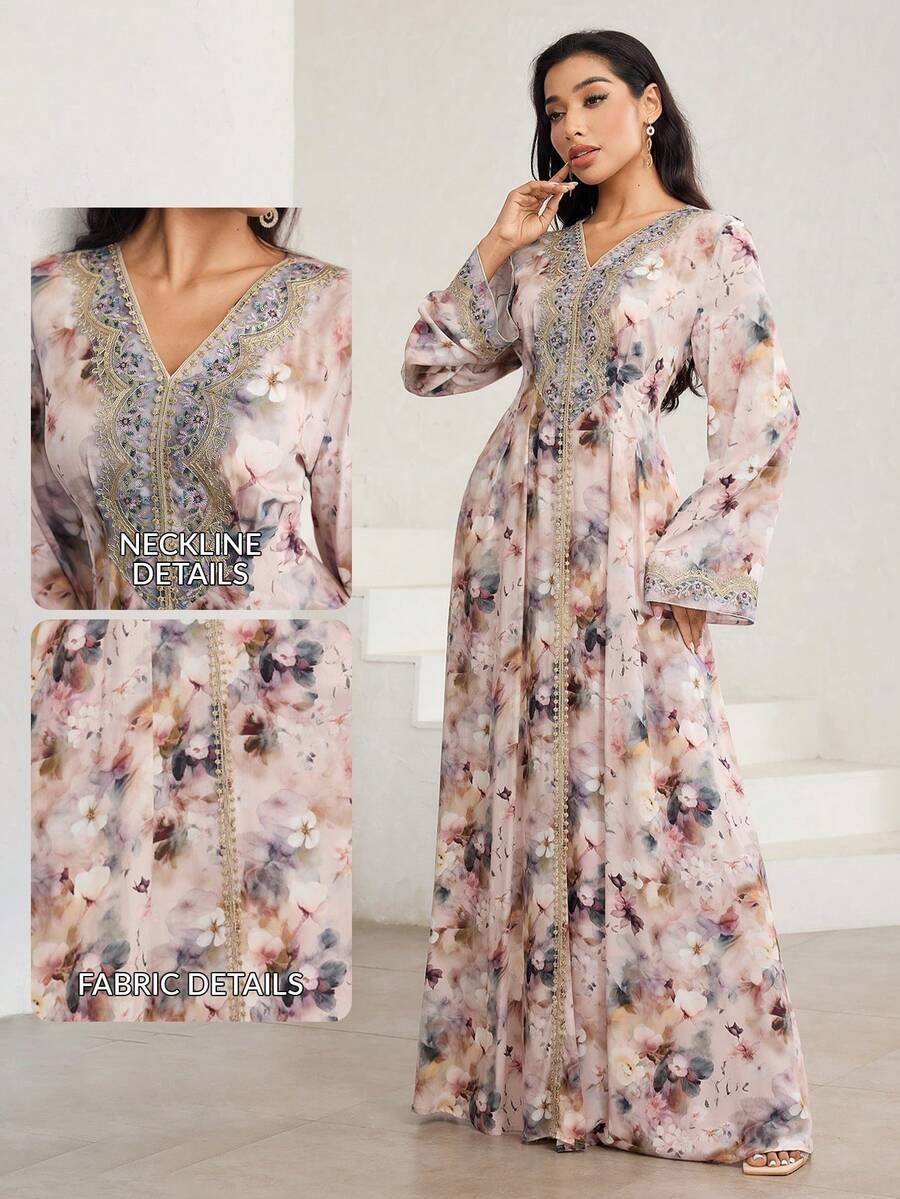 Veilorie 女式优雅花卉印花阿拉伯风格连衣裙