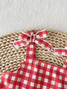 SHEIN 2件套女婴幼儿/新生儿0-3岁休闲日常可爱度假条纹蝴蝶结装饰吊带背心+短裤套装，春夏款 - 紅色 - 查看 8