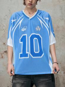 ROMWE MEN Prep 男士极简印花短袖针织T恤 - 藍色 - 查看 5