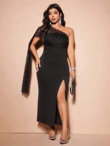 Cravure Elegant Women's Plus Size Solid Color Lace Patchwork Waist Dress Gym Brown Summer - Black - View 5