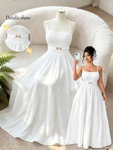 Celure Elegant Plus Size White Engagement Wedding Dress With Halter Neck Sleeveless Long Flared Design And Gold Button Detail - White - View 9