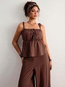 Freevana Plus Size Solid Color Ruched Bust Camisole And Wide Leg Pants 2 Pieces Set Outfit For Women Summer Clothes Boho Style Vacation Chocolate Brown Brunch - Coffee Brown - View 4