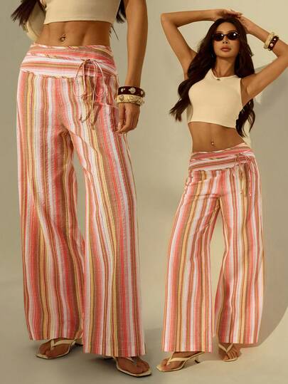 SHEIN PETITE Women's Casual Low-Waist Straight-Leg Striped Vintage Loose Wide-Leg Pants, ; Suitable For Autumn And Winter, Hip-Hop, Dancing