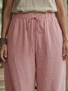 EMERY ROSE Women's Casual Vacation Style Knotted Elastic Waist Side Pockets Tapered Cropped Lantern Pants - Dusty Pink - View 5