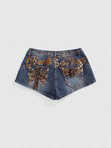 ROMWE Grunge Punk Women's Y2K Chic Concert Outfit, Leopard Print Patch Embroidered Super Low-Rise Mini Denim Shorts - Blue - View 1