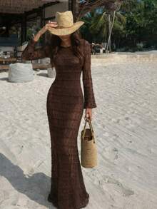 CLARA VERO Women's Crochet Jacquard Long Cover Up Dress - Brown - View 3