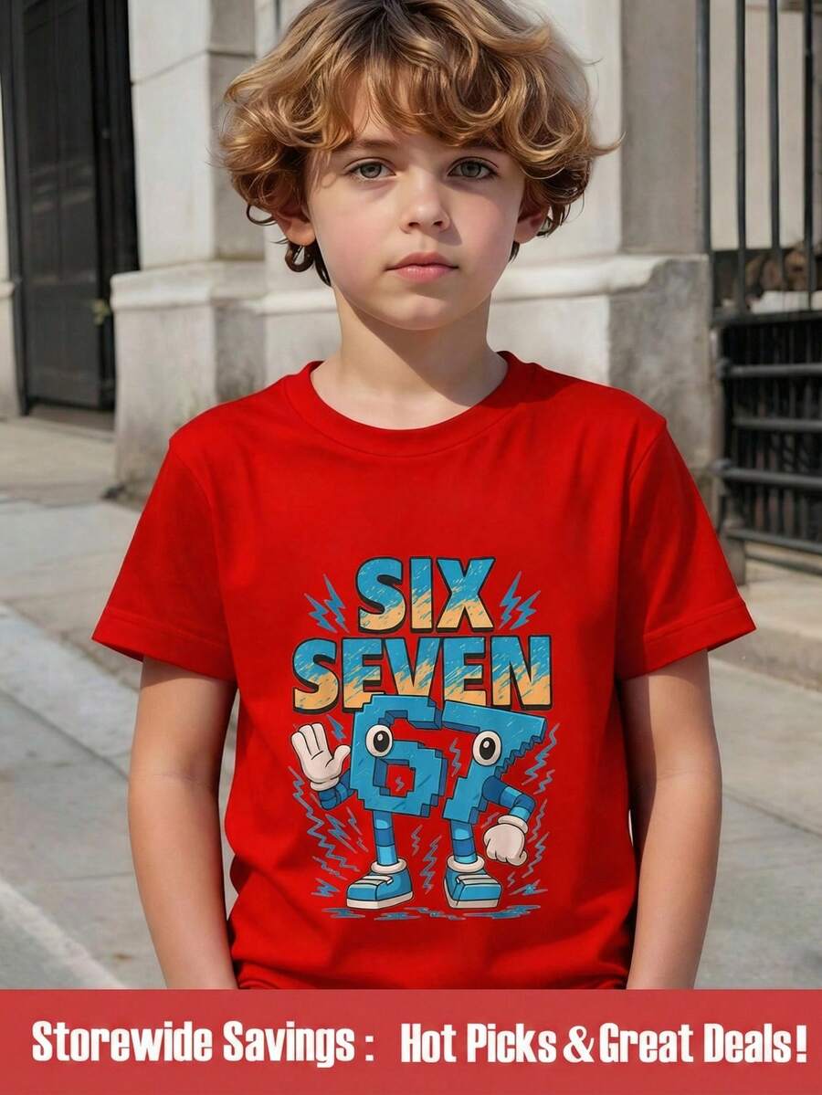 SHEIN Tween Boys Casual Fashion Comfortable Minimalist Versatile Creative Funny Lightning Personified "67" Letter Graphic All-Match Short Sleeve T-Shirt, Spring/Summer - Red - View 1