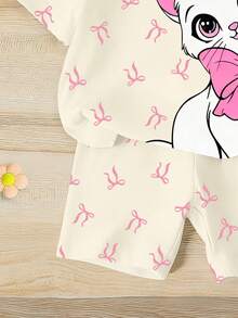 Elladie kids 一套女童休闲时尚甜美可爱蝴蝶结印花粉色大蝴蝶结猫咪图案短袖T恤和骑行短裤套装，适合外出、休闲、节日等场合。浅杏色夏季套装 - 彩色 - 查看 6