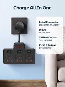 Teckwe 7-In-1 UK Plug Extension, 3 Way Multi Plug Adapter With 4 USB Ports, Independent Switches, Wall Socket Extender For Home Office Travel - View 3
