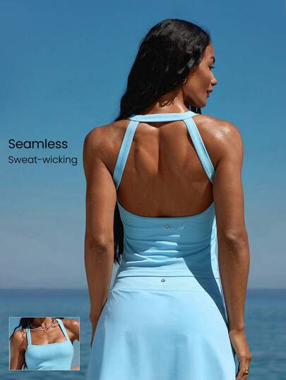 GLOWMODE Ultrafine Soft Seamless Soak Up The Sun Square Neck Open Back Removable Cups Tank Top Training Running Workout Gym Fitness Active Wear