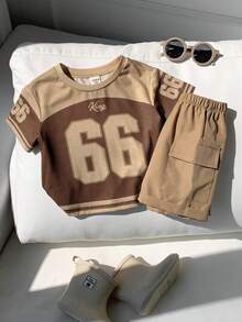 SHEIN 2pcs Baby Boy Summer Casual Sports Digit Print T-Shirt And Cargo Shorts Set, Sports Outfit - Multicolor - View 2