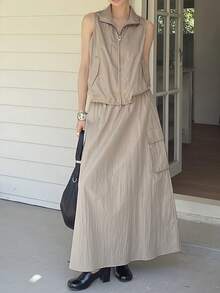DAZY Women's Solid Color Zip-Up Vest And Cargo Skirt Casual 2-Piece Set Lounge Sets For Women Short Sets For Women Summer Travel Khaki - Khaki - View 4
