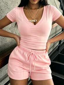 Rovax Women's V-Neck Solid Color Casual Short Sleeve T-Shirt And Shorts 2-Piece Set, Summer - Pink - View 4