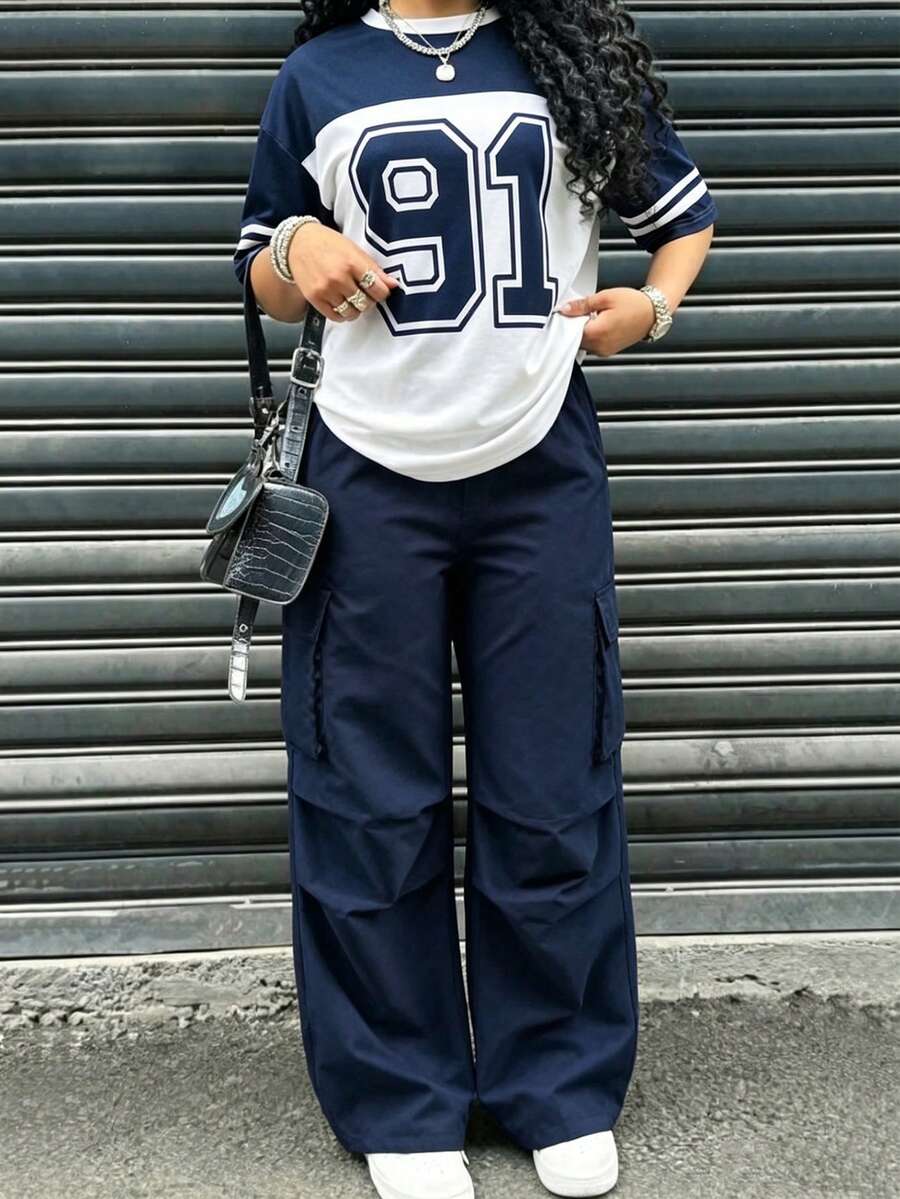 2pcs/Set Navy Casual Streetwear Numeric Print T-Shirt & Cargo Pants,Summer Back-To-School Holiday Outfit,Comfortable Fit Fashionable Street Elements - Multicolor - View 1