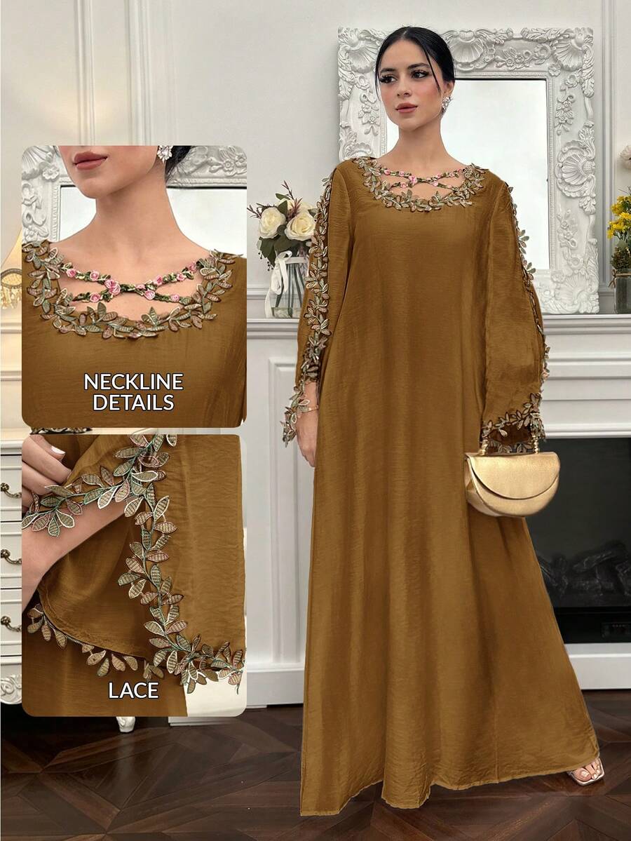 Yasmyna Women's Elegant Arabic Style Dress With Applique Decor Flare Sleeves